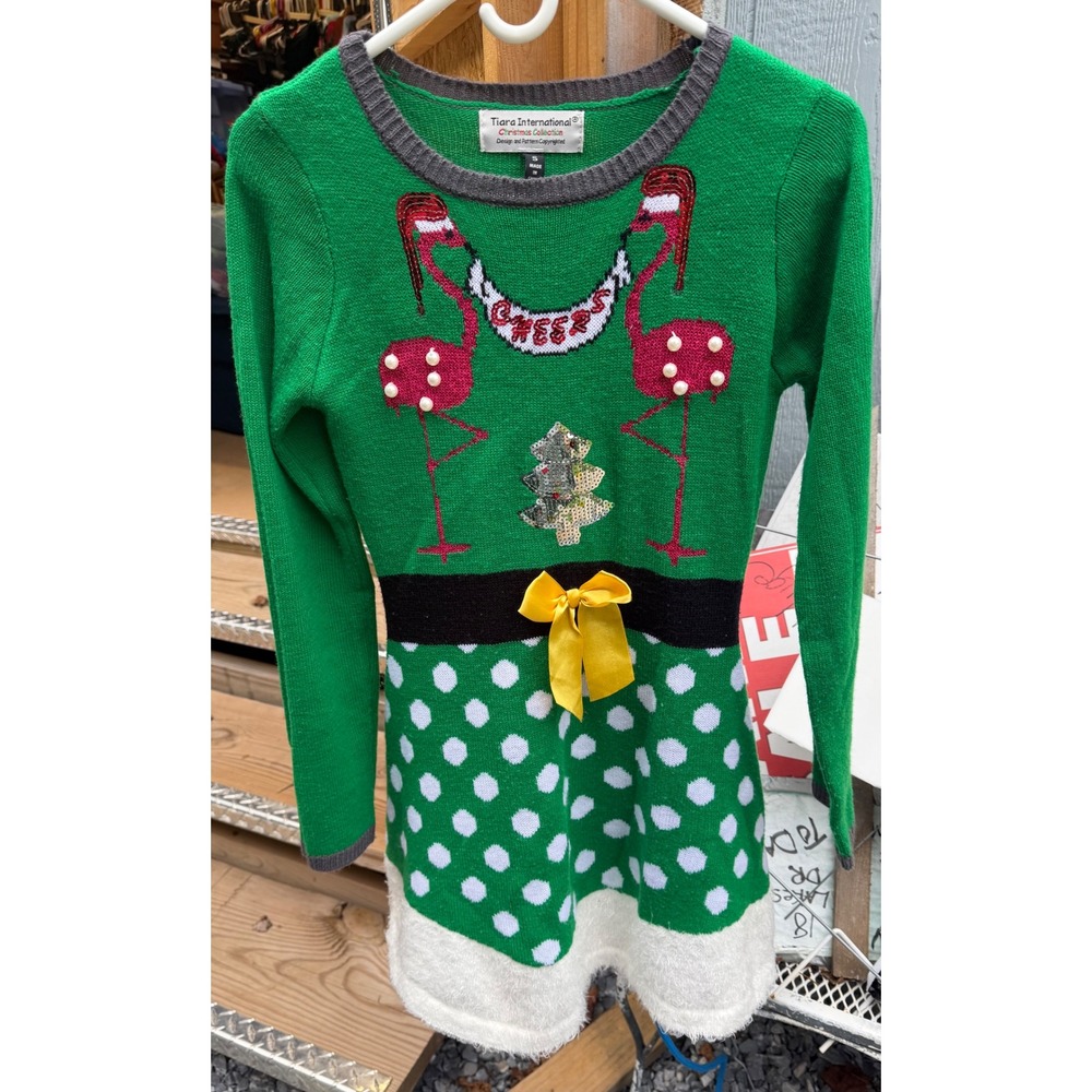 Tiara International Christmas Flamingo Sweater Dress Green Polka Dot Sequin S
